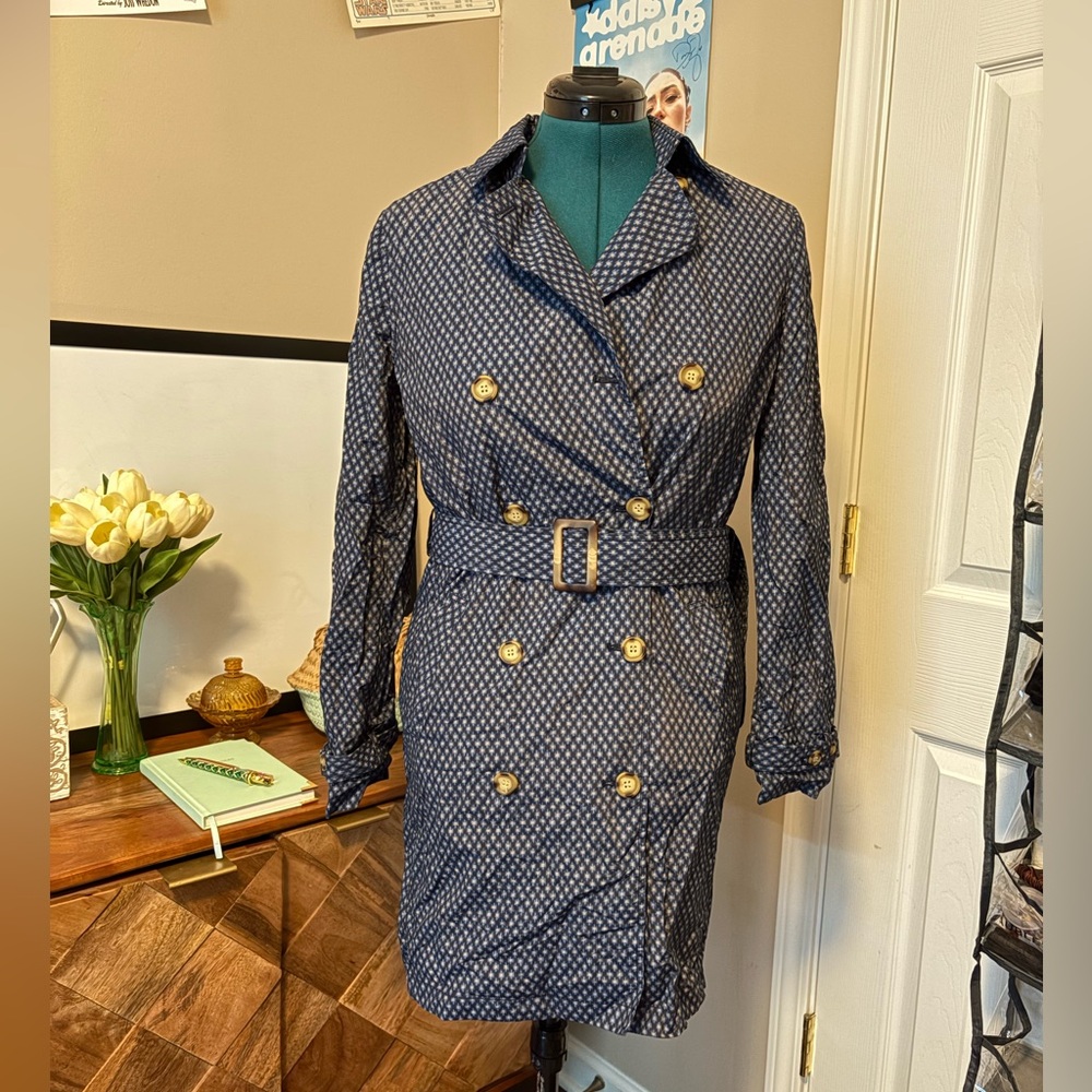 J. McLaughlin Heritage Geometric Patterned Belted Trench Coat - Navy- Medium